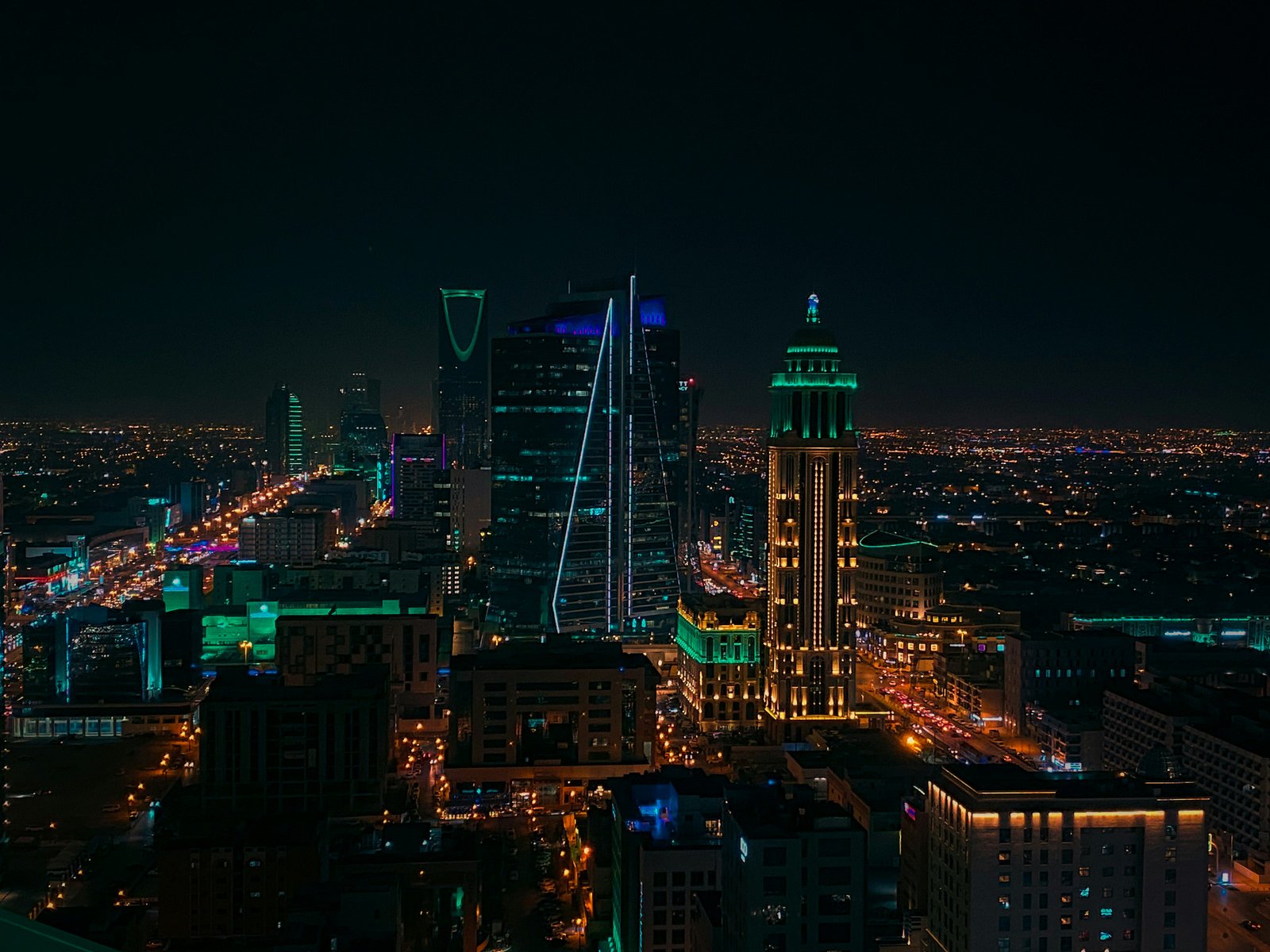 Riyadh city skyline at night - headquarters of Mohammed Al Habib Holding in Saudi Arabia